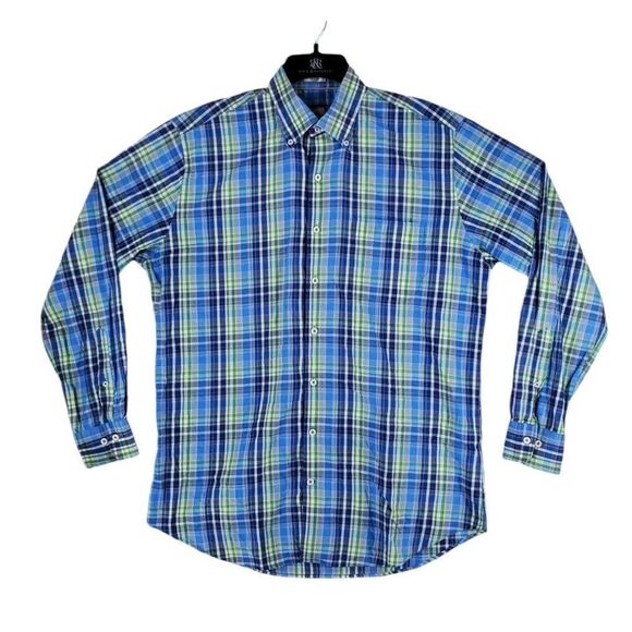 Peter Millar Crown Sport LS Button Down Shirt Men L Plaid Blue Green White Multi - Picture 1 of 11